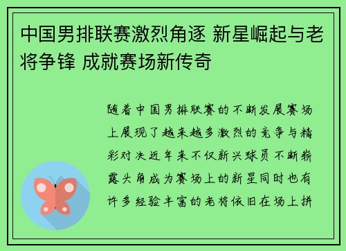 中国男排联赛激烈角逐 新星崛起与老将争锋 成就赛场新传奇