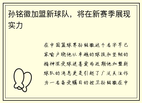 孙铭徽加盟新球队，将在新赛季展现实力